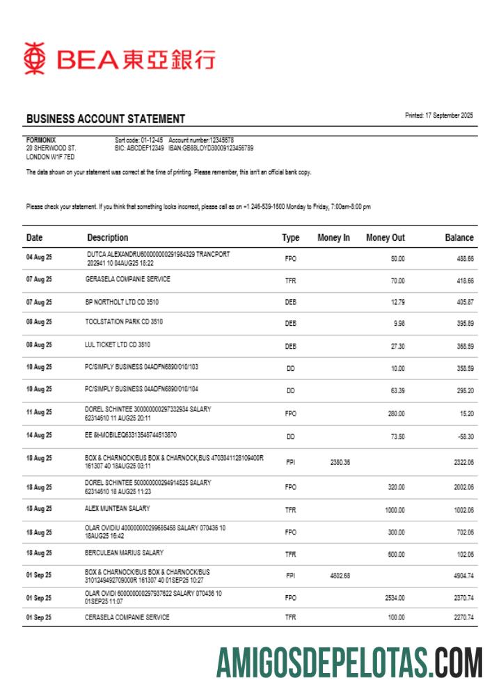 Extrato bancário comercial BEA de Hong Kong em formato Word e PDF, exemplo real